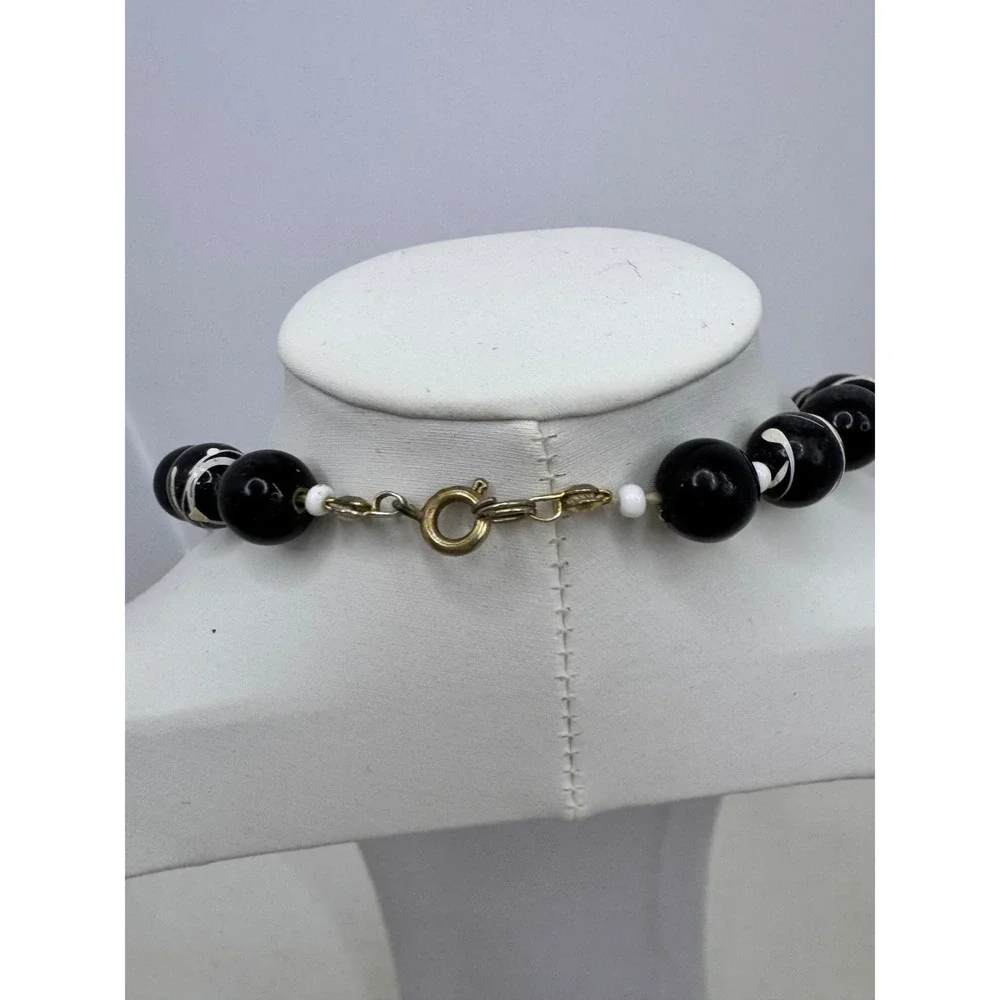 Chunky‎ Black White Swirl Wooden Shell Bead Necklace Hippie Boho Surf Beach